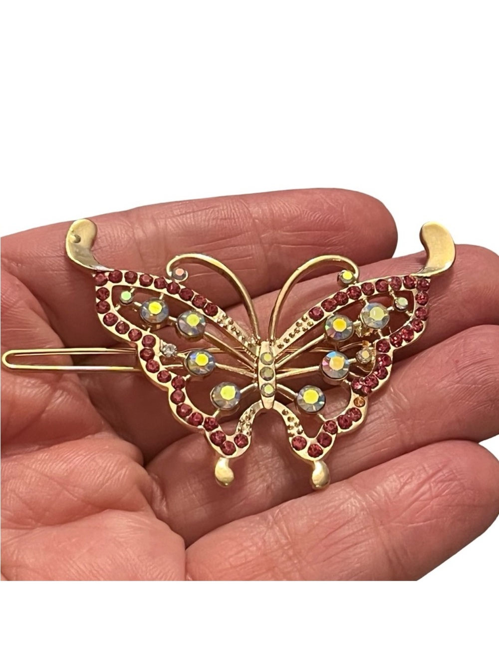 Gold Butterfly Hair Clip with Pink and iridescent Stones FINAL PRICE DROP